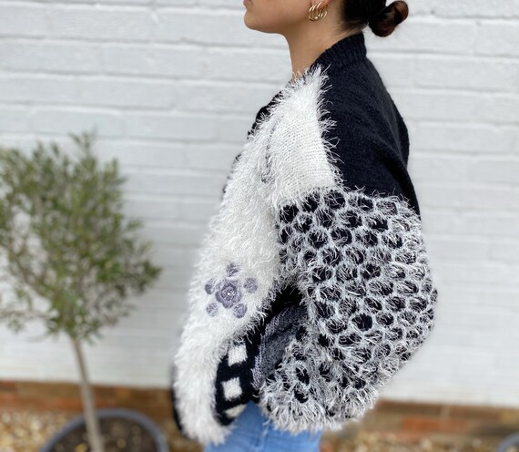Fluffy Cardigan, Large, Black and White Cardigan,
