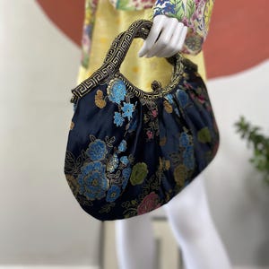 Borsa da sera in seta con manico superiore di ispirazione orientale, borsa da cocktail cinese nera, borsa formale in seta, borsa in stile asiatico vintage