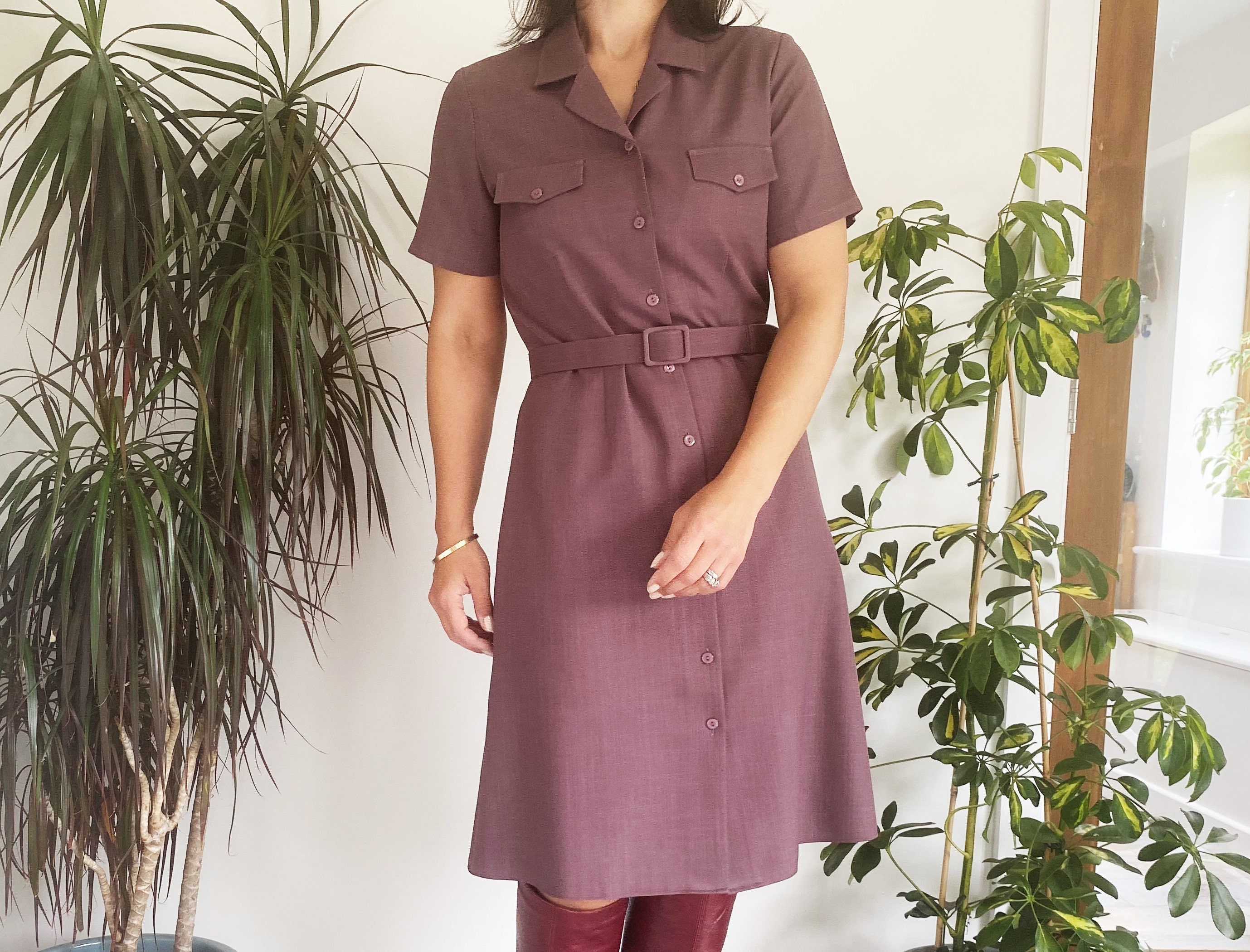 Image of Aubergine Shirt Dress, Uk, S Work Dress S, Power Dressing, Formal Secretary
