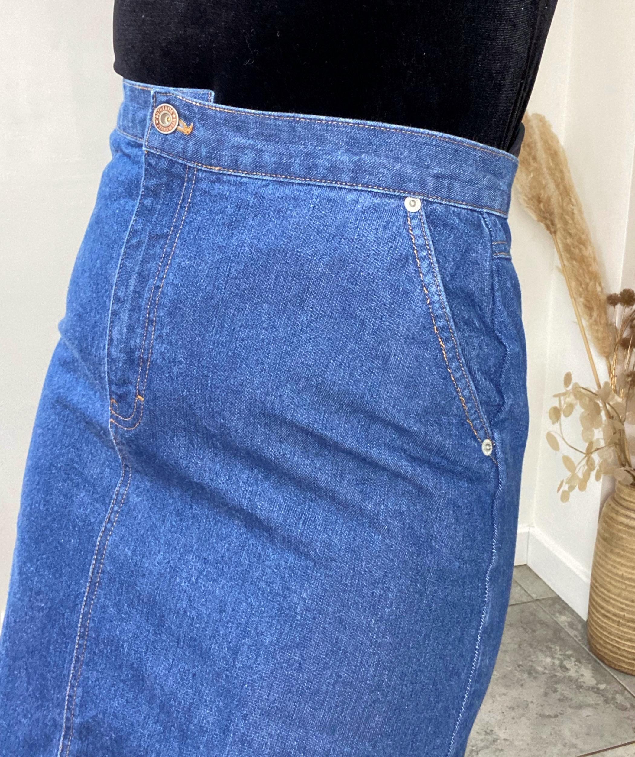 High waisted jean skirt knee length hot sale