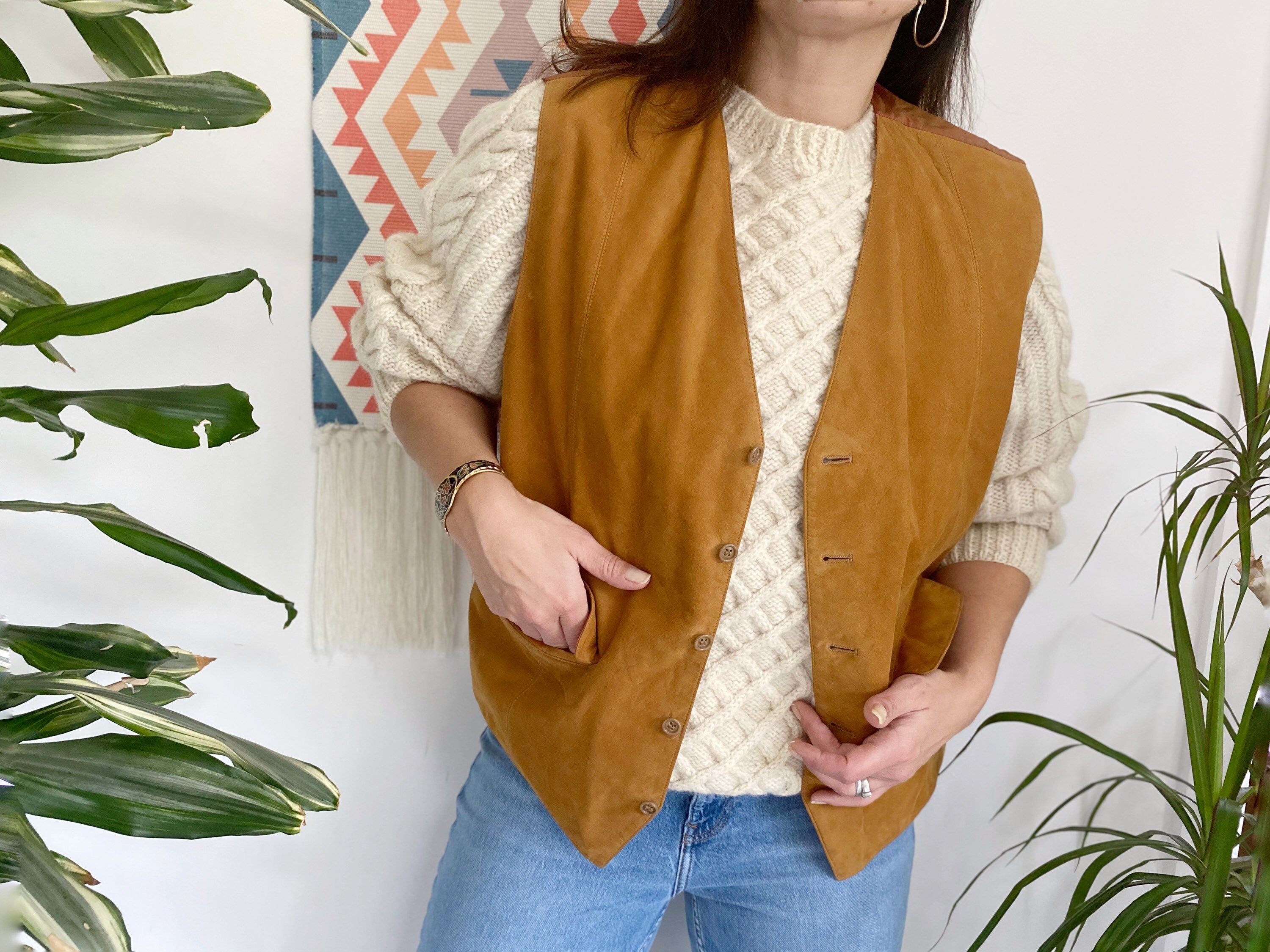 Image of Vintage Waistcoat, Distressed Men's Vest, Leather Suede Vintage, Tan Waistcoat