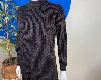 1980s UK Size 12-14 Bronze Turtleneck Vintage Jumper – Metallic Polo Neck Sweater with Retro Glam