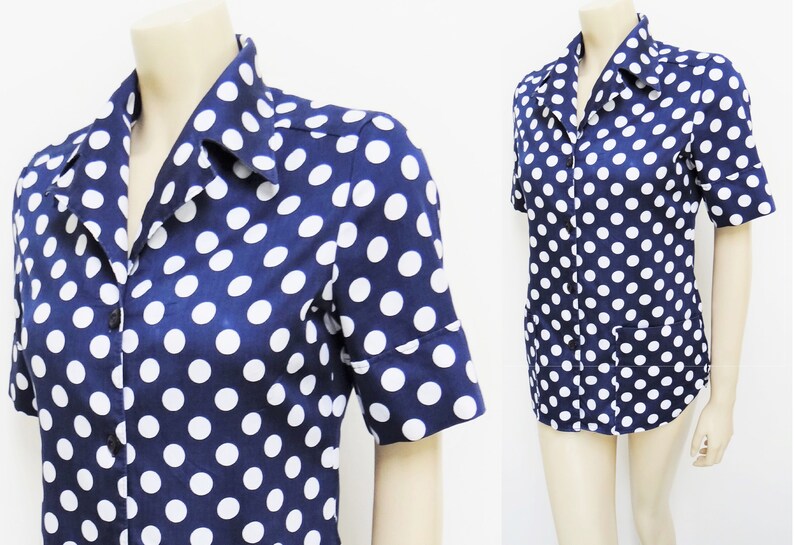 Womenswear Vintage Clothing Vintage Spotty Blouse Ladies Vintage Vintage UK10 1960s Clothing Blue Spotty Top Shirts Retro Clothing