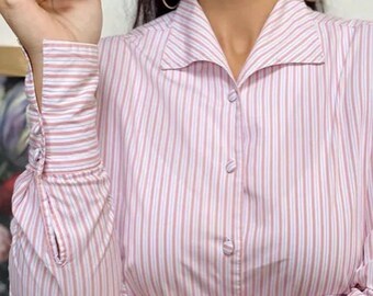 Vintage, 1980s pink and white pinstripe shirt with a Peter Pan Collar and elongated cuffs