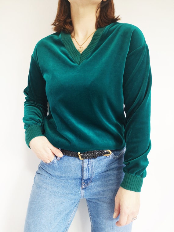 70s Green Velour Sweater, UK14, Track Sweater, Vel