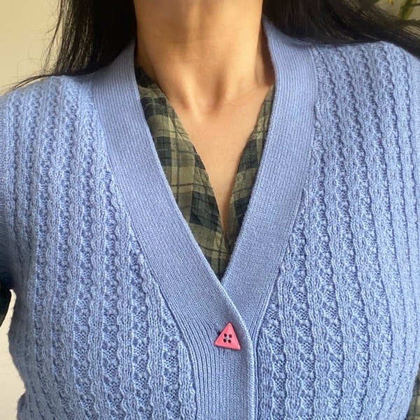 Pink buttoned cottage core sleeveless blue cardigan, s-m, preppy vintage knit, blue tank