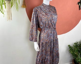 Vestido Paisley Vintage dos anos 80 UK10-12 | Vestido Boho Vintage Médio Feminino