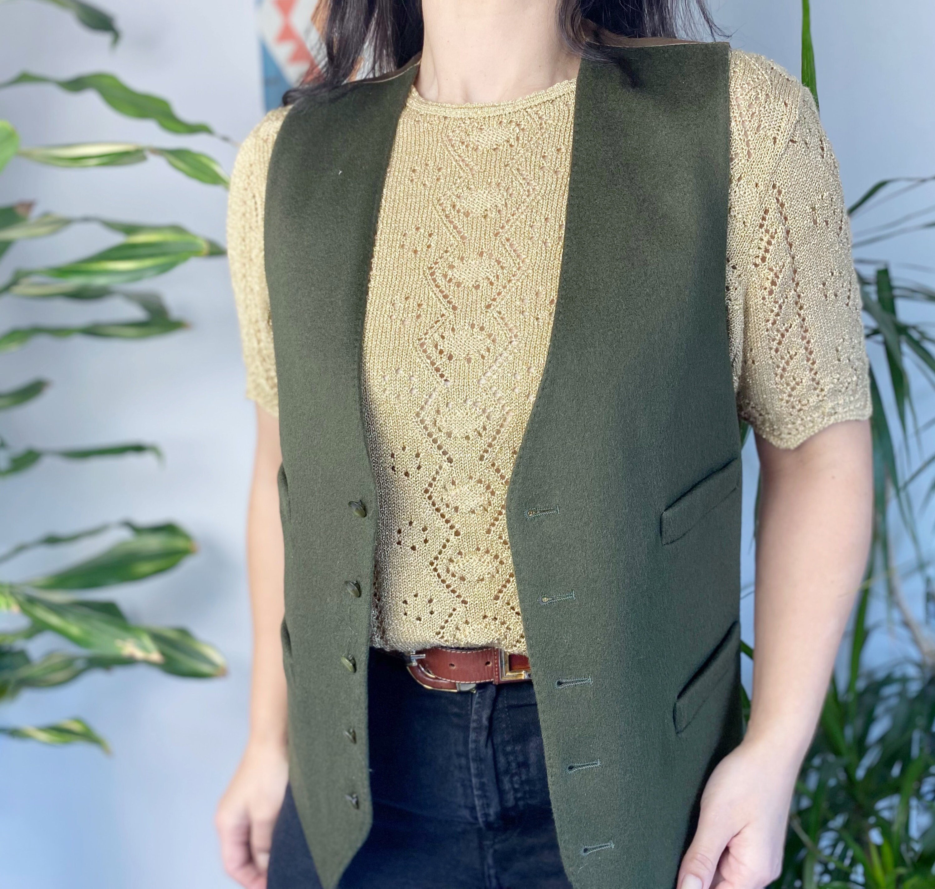 Image of Vintage Vest, Green Wool Waistcoat, Men's Clothing, Pure Gift For Men