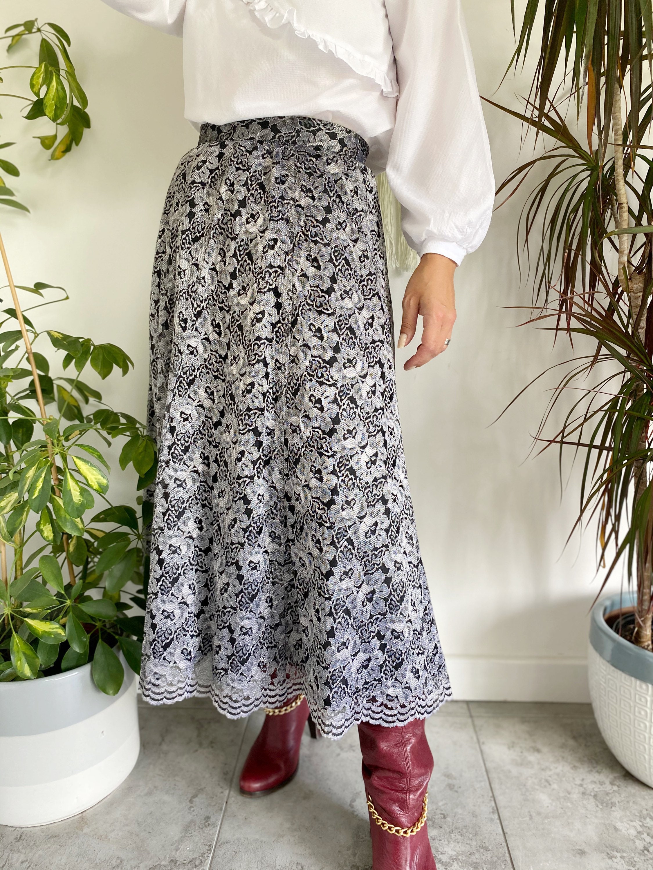 UK10 80s Lace Skirt Vintage Skirt Grey Skirt Lace Skirt | Etsy