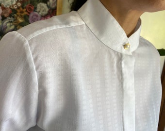 UK16-18 women's white 1980s vintage blouse with band collar