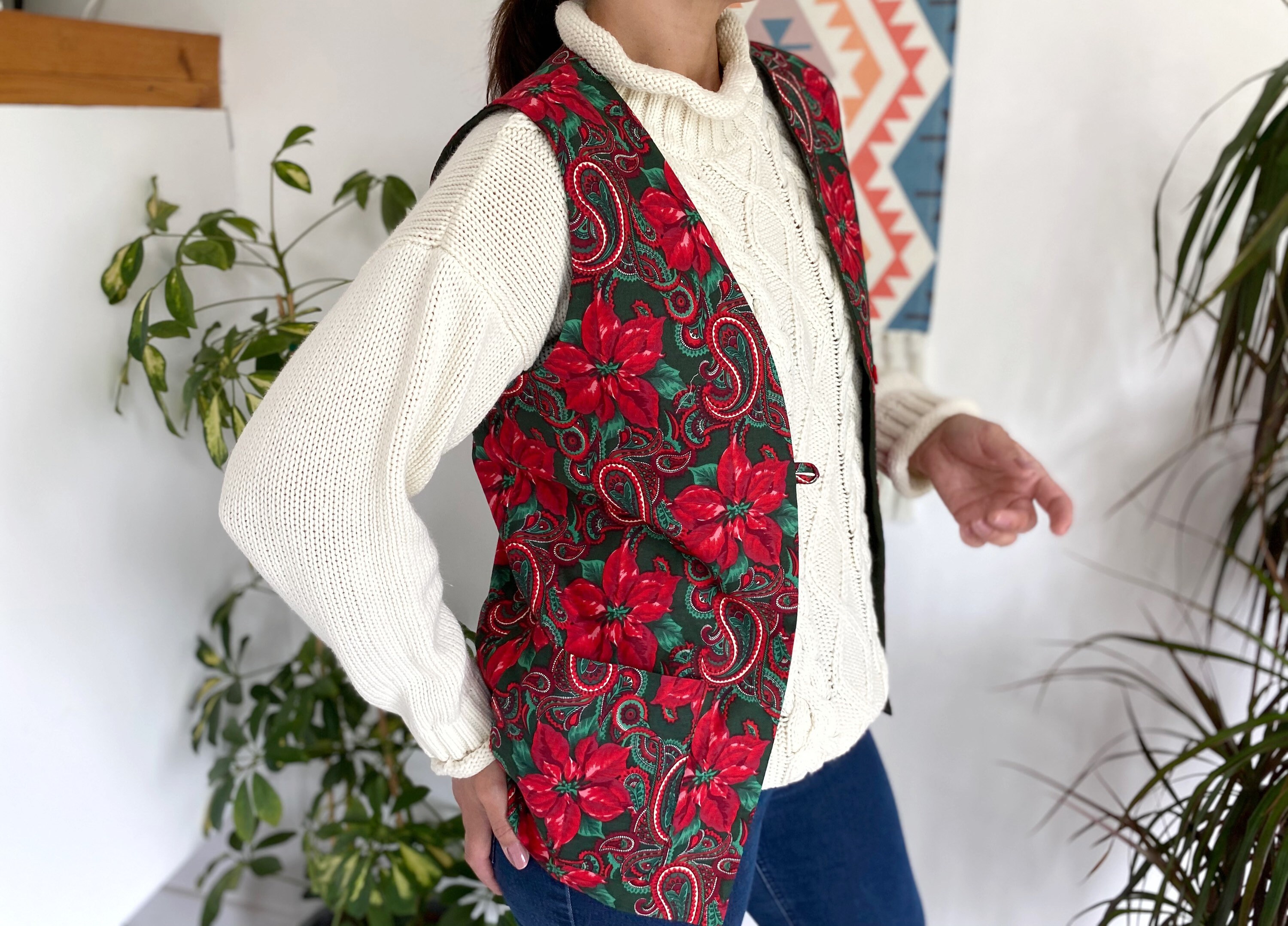 Image of Floral Waistcoat, Uk, Vintage Ladies Vest, Flower Print Tunic, Boho Women's Clothes, Red Vest