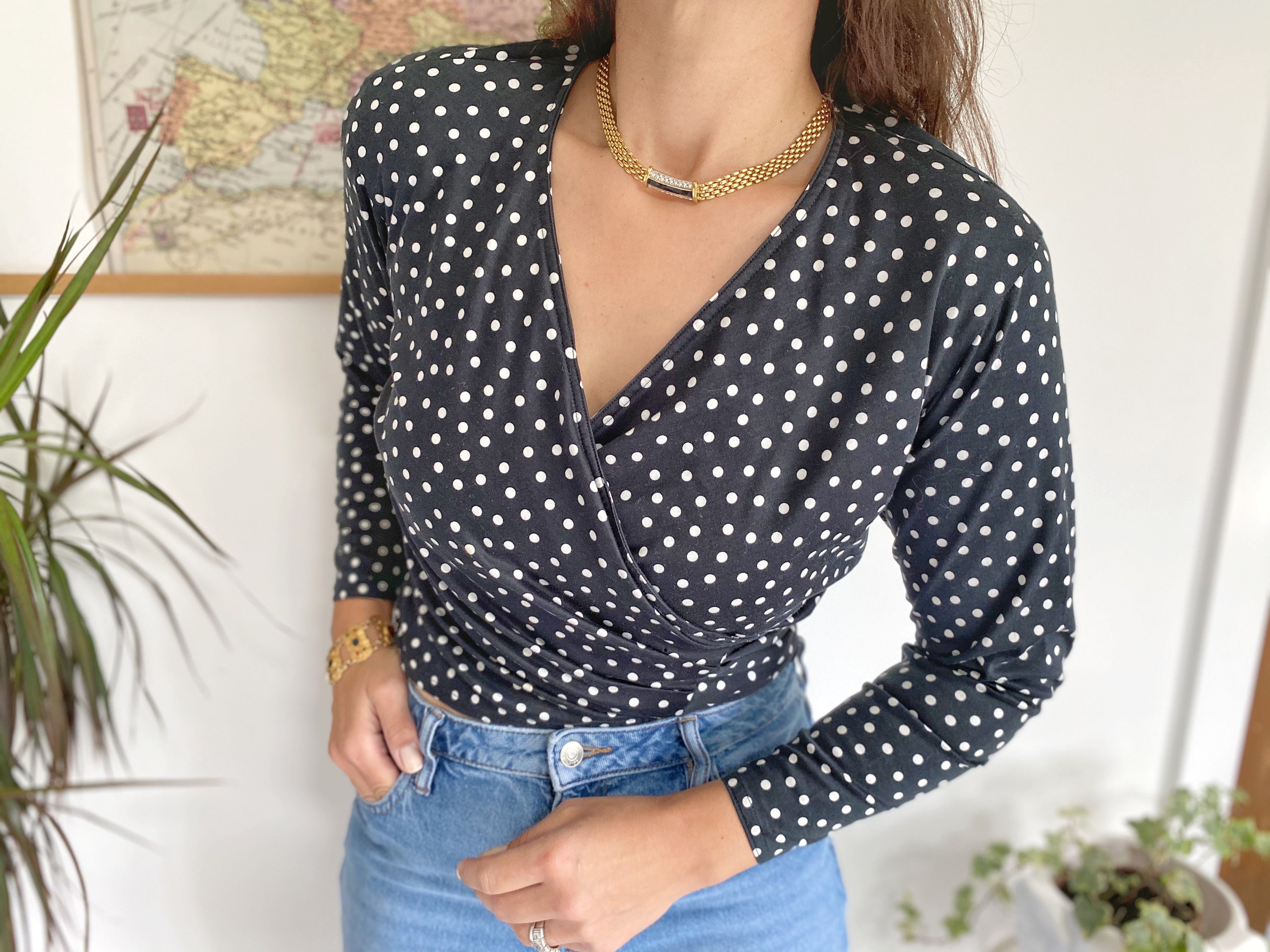 Image of Polka Dot Wrap Top, Uk, Vintage Spotty S Clothing, Black Womenswear
