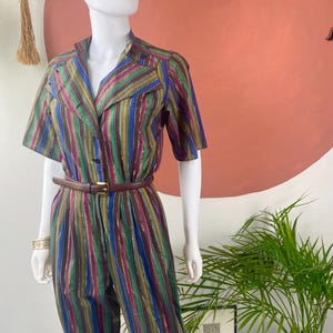 Tuta vintage in cotone anni &#39;70, taglia UK8 - Tuta metallizzata a righe sottili, stile disco con bottoni, Studio 54, abito vintage retrò