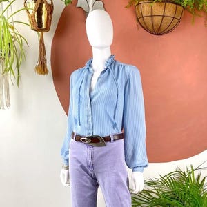 UK12 Vintage 1980s Striped Blue Bohemian Blouse – Pie Crust Collar, Cottagecore Shirt, Retro Button-Up Top