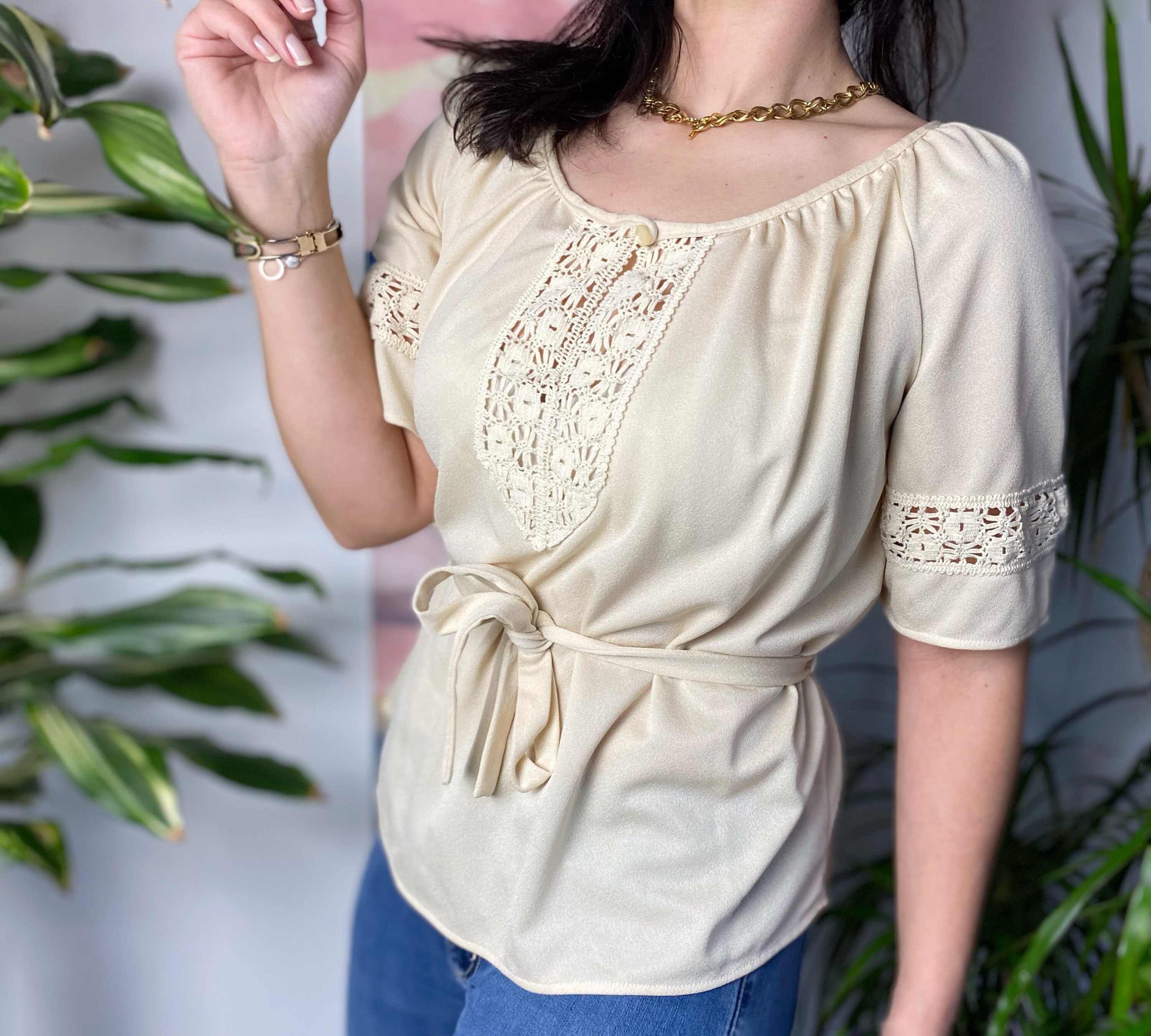 Image of Boho Peasant Top, Medium , Cream S Tunic, Cottage Core, Vintage Top