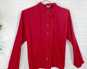 Elsie Whiteley rode blouse met hoge hals uit de jaren 70, formeel overhemd maat 12