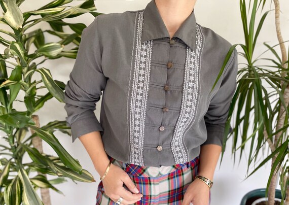 90s Grey Shirt, Ethnic Shirt, Women's Vintage Shir