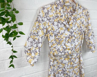 Medium, 1980s vintage yellow floral print shirt dress, with belt and collar