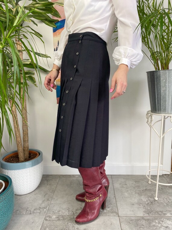 UK12 80s Pleated Midi Skirt, Black Pleated Skirt,