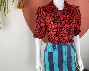 Paul Laporte Vintage Peplum Blouse | UK16 Black & Red Statement Top | Retro 80s Women’s Blouse | Elegant Floral Print