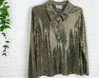 1990s metallic gold sequin style vintage blouse, size 12-14, formal gold blouse