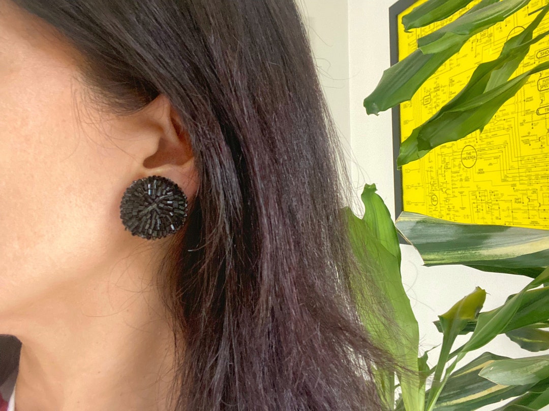 1990s Black Beaded Clip on Earrings Round Earrings Big Etsy
