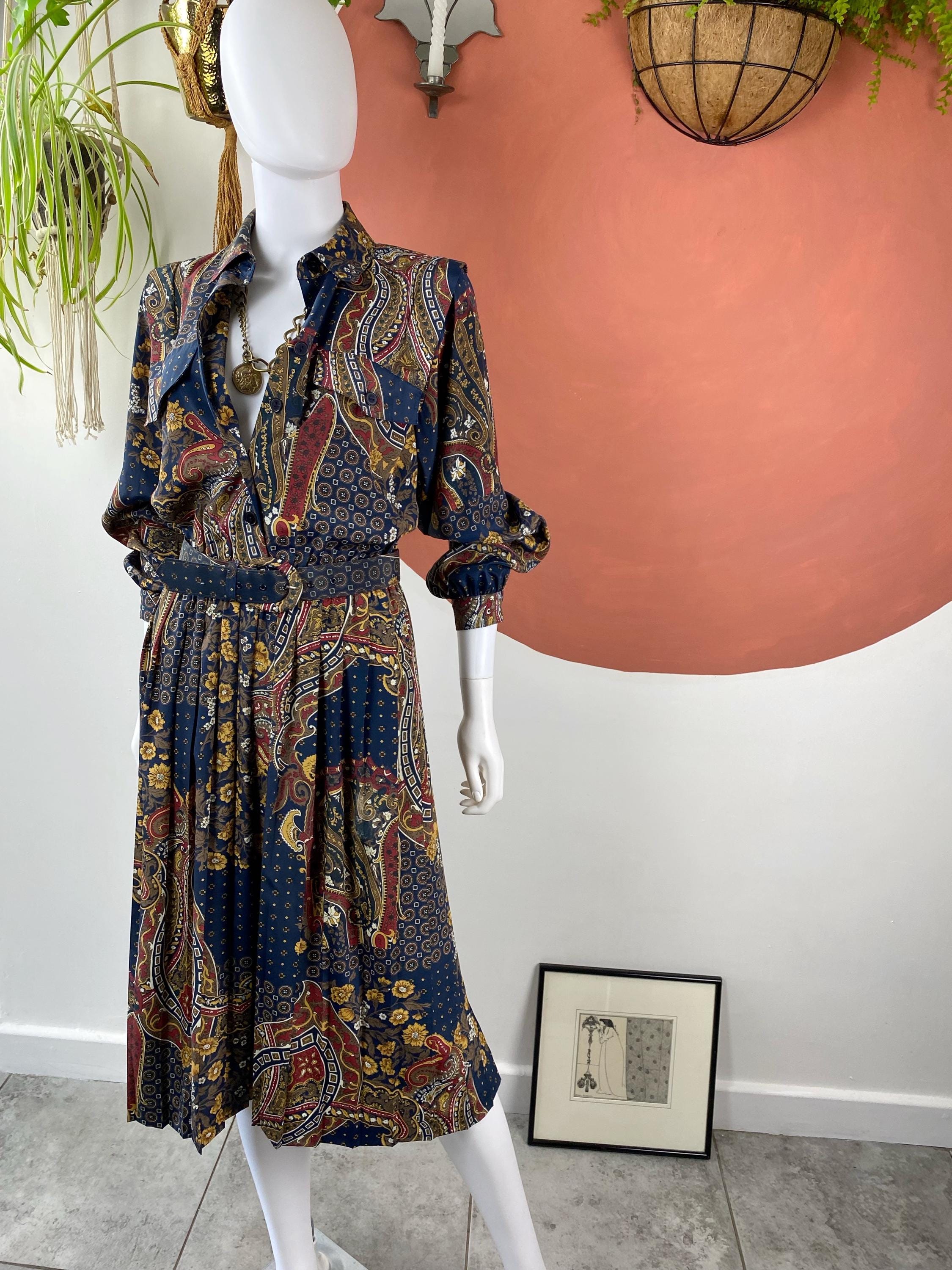 Vestido-camisa vintage Leslie Fay UK12 – Estampa gráfica na altura da panturrilha, sofisticado e elegante – estilo do trabalho ao fim de semana