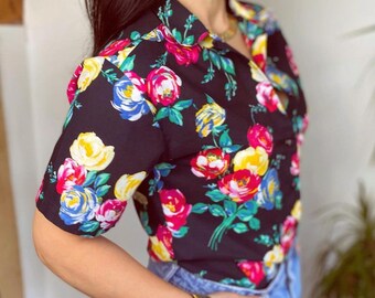 1980s bold cotton floral shirt, casual fit, size 10