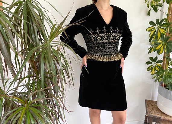UK12 Zandra Rhodes Dress, Black Cocktail Dress, Ve