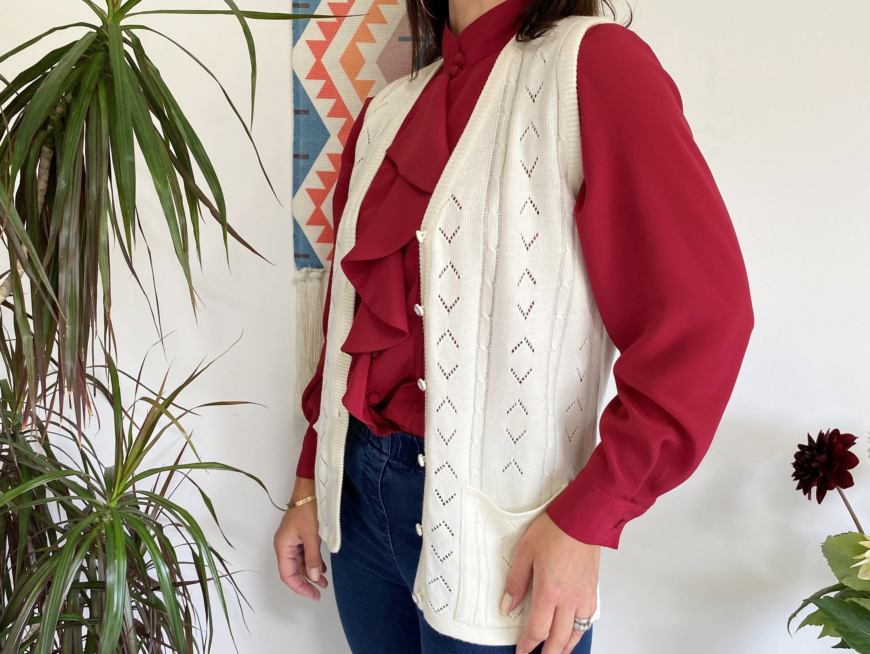 Image of Uk Vintage Ladies Cream Vest, Sleeveless Bohemian Grandma Soft Waistcoat, Clothing, Vest