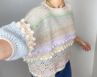 One of one, handknitted cosy and oversized popcorn sweater in multicoloured pastels, medium