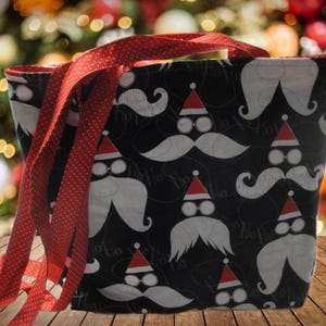 Santa Claus Faces-Black Background Tote Bag-Machine Quilted-Hand Made-Silver Metallic Beards