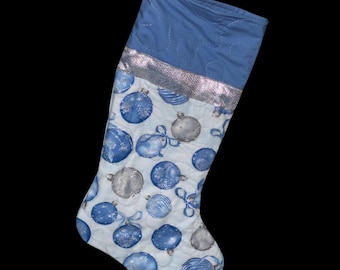 Christmas Stocking-Blue Ornaments on a Silver Background-Handmade-Machine Quilted