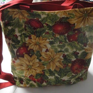White Poinsettias & Red Ornaments Christmas Tote Bag-Machine Quilted-Hand Made