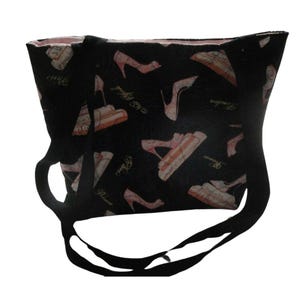 Pink High-Heels on Books-Black Background Tote Bag-Machine Quilted-Hand Made