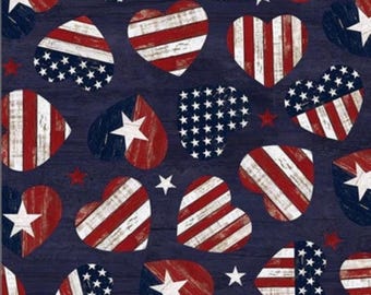 American Flag Hearts on Navy B/G-Timeless Treasures-BTY
