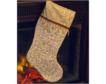 Christmas Stocking-Gold Metallic Snowflakes on White-Metallic Gold Cuff w/Trim