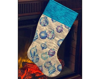Christmas Stocking-Teal & Blue Ornaments Outlined in Silver w/Teal Cuff