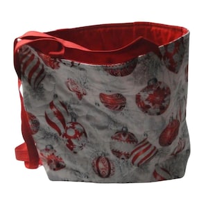 Red Ornaments-Silver Background-Metallic Tote Bag-Machine Quilted-Hand Made