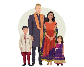 Custom family portrait in semi-realistic style, family portrait in a semi-realistic style, family drawing, family illustration