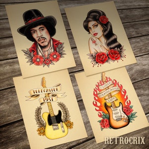 Cartes de tatouage à l’ancienne. Ensemble Rock and Roll. Un ensemble de 4 impressions. 13 x18 cm. (5 » x 7 »)