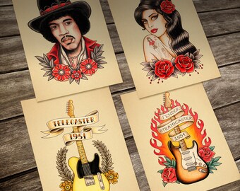 Old School Tattoo Cards. Rock and Roll Set. A set of 4 Prints. 13 x18 cm. (5" x 7")