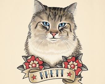 Pet portrait in traditional tattoo style. Pet Illustration. Personalized pet drawing in Old School Tattoo style.