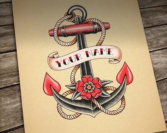 Custom name Tattoo. Anchor. Personalized Old School Tattoo, Digital File for own printing