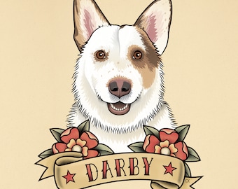 Pet portrait in traditional tattoo style. Pet Illustration. Personalized pet drawing in Old School Tattoo style.