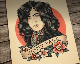 Jimmy Page Tattoo print. Old School Tattoo. Portrait in Traditional Tattoo style. Fan art