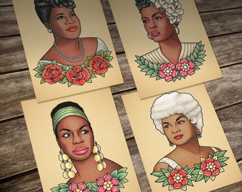 Old School Tattoo Cards. Jazz singers. A set of 4 Prints. 13 x18 cm. (5" x 7")