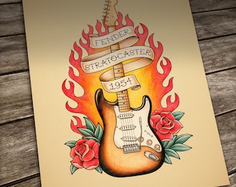 Famous guitar tattoo print. Old School Tattoo.