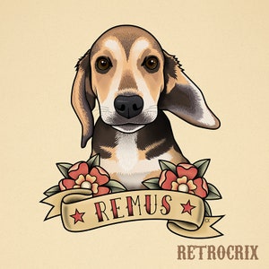 Pet portrait in traditional tattoo style. Pet Illustration. Personalized pet drawing in Old School Tattoo style.