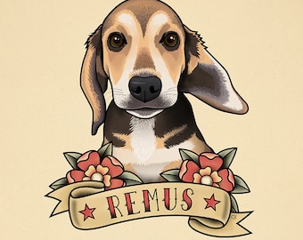 Pet portrait in traditional tattoo style. Pet Illustration. Personalized pet drawing in Old School Tattoo style.